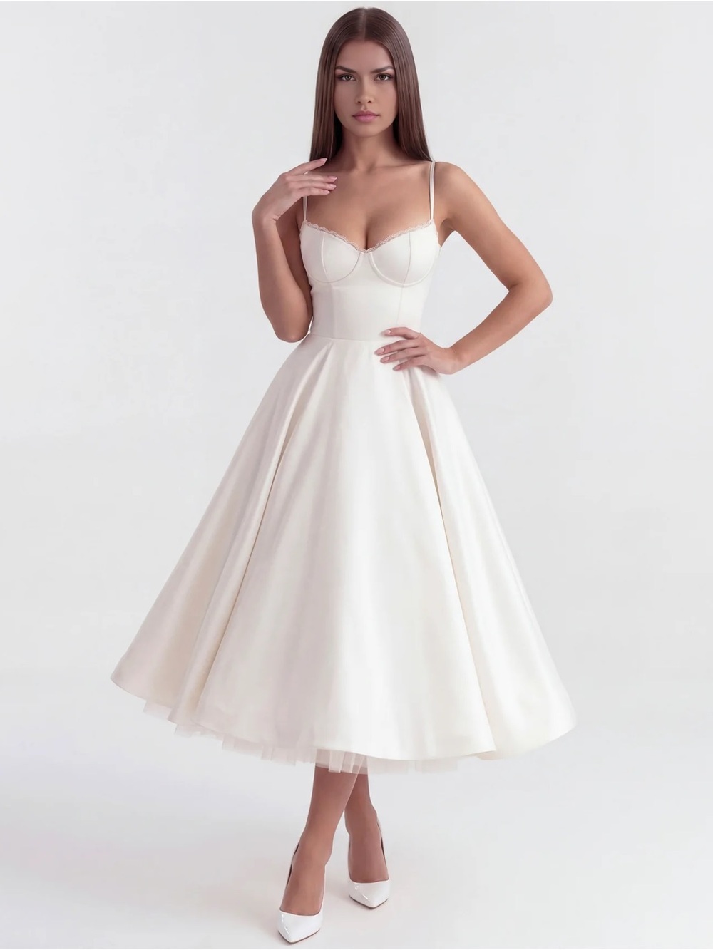 White Spaghetti-Strap Fit & Flare Dress Almond Muse Selene